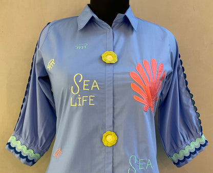 BLUE APPLIQUE ALINE DRESS