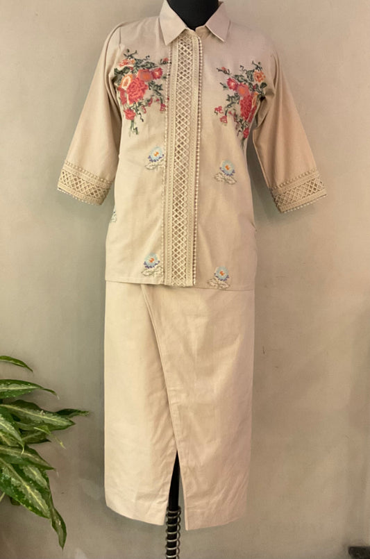 BEIGE CROSS STICHED COORD SET
