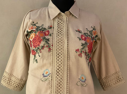 BEIGE CROSS STICHED COORD SET