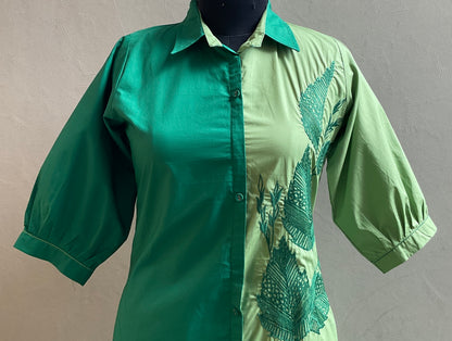 GREEN DUET THREAD EMBROIDERED ALINE DRESS