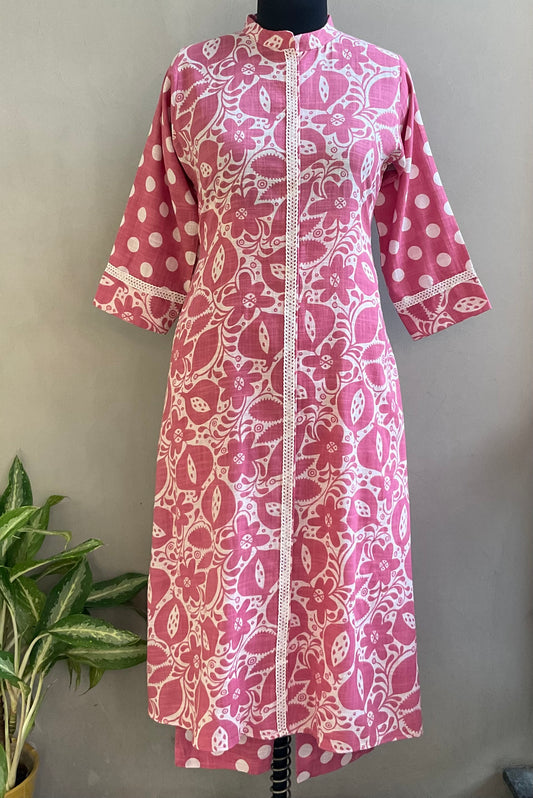 PINK PRINTED LACED KURTA PANT