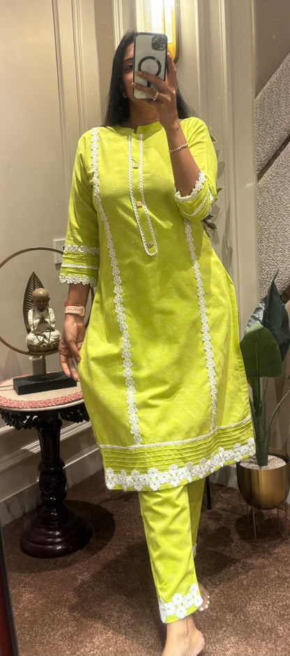 NEON GREEN LACED KURTA WITH PANT