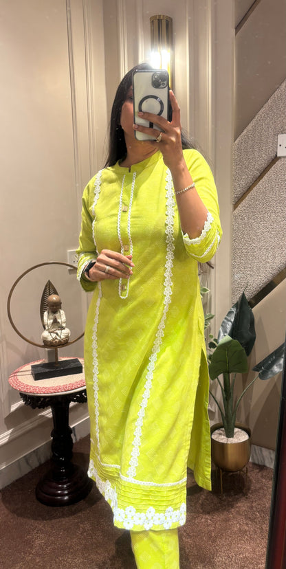 NEON GREEN LACED KURTA WITH PANT