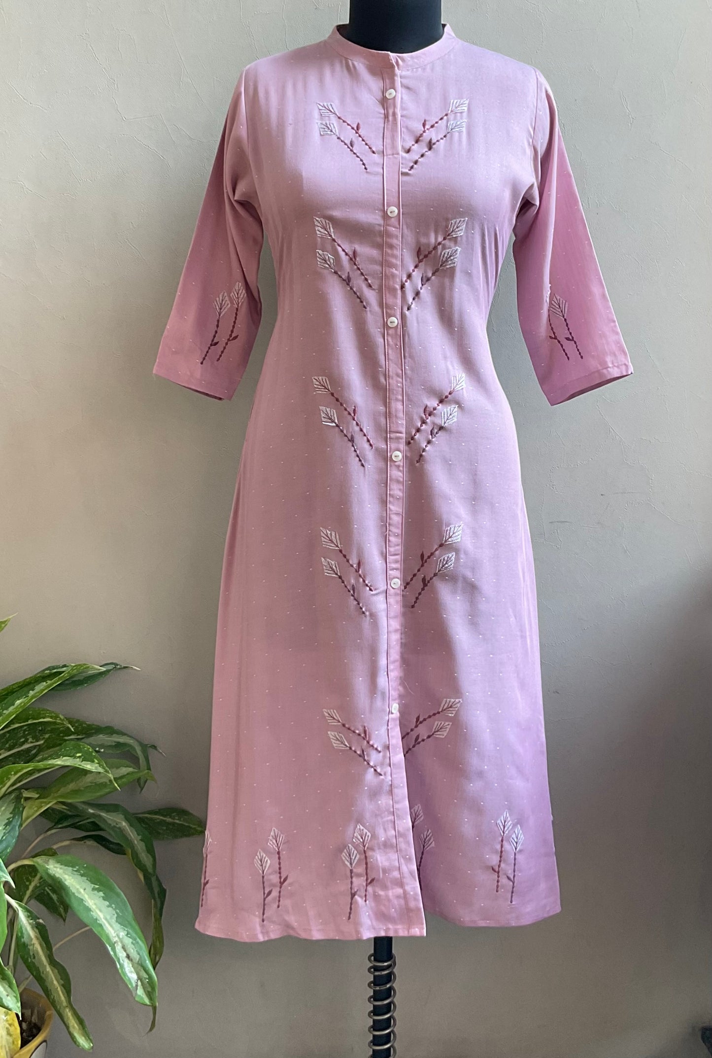 ONION PINK THREAD EMBROIDERED ALINE DRESS