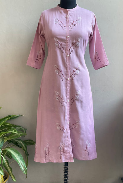 ONION PINK THREAD EMBROIDERED ALINE DRESS