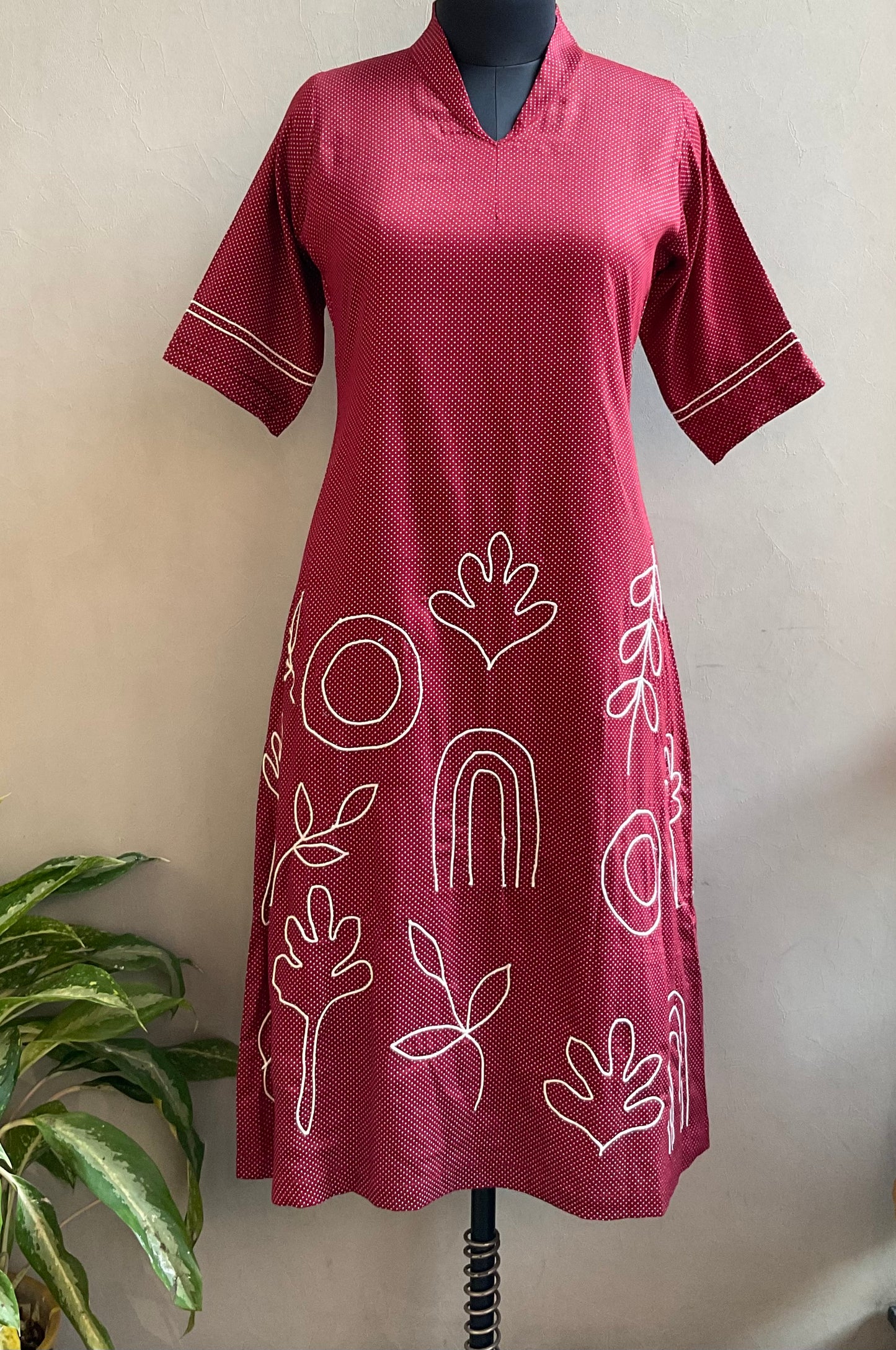 MAROON POLKA DOTS DORI WORK ALINE DRESS