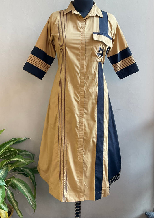 BEIGE COLOR BLOCK POCKET EMBROIDERED ALINE DRESS