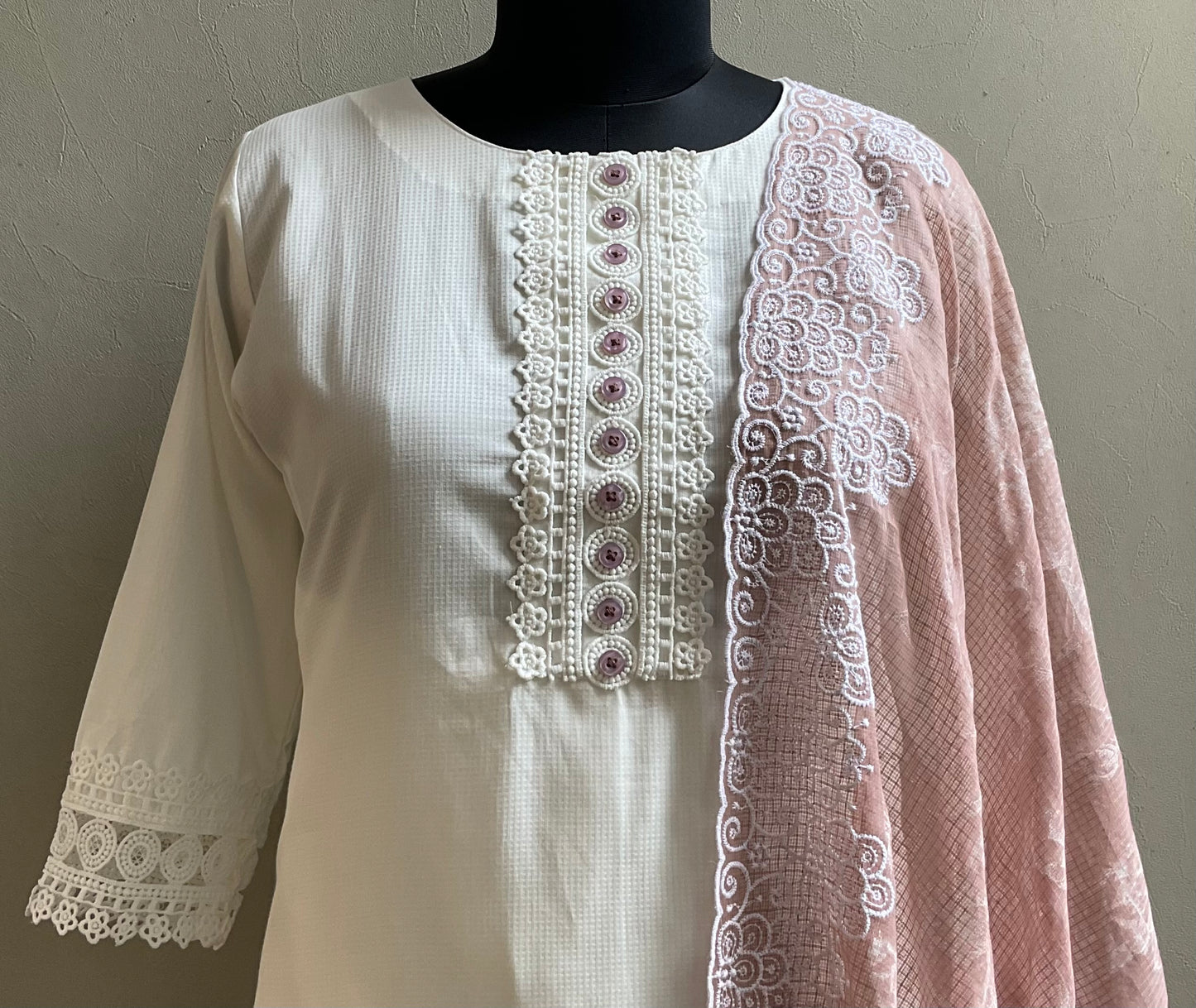 WHITE CONTRAST DUPATTA LACED KURTA SET