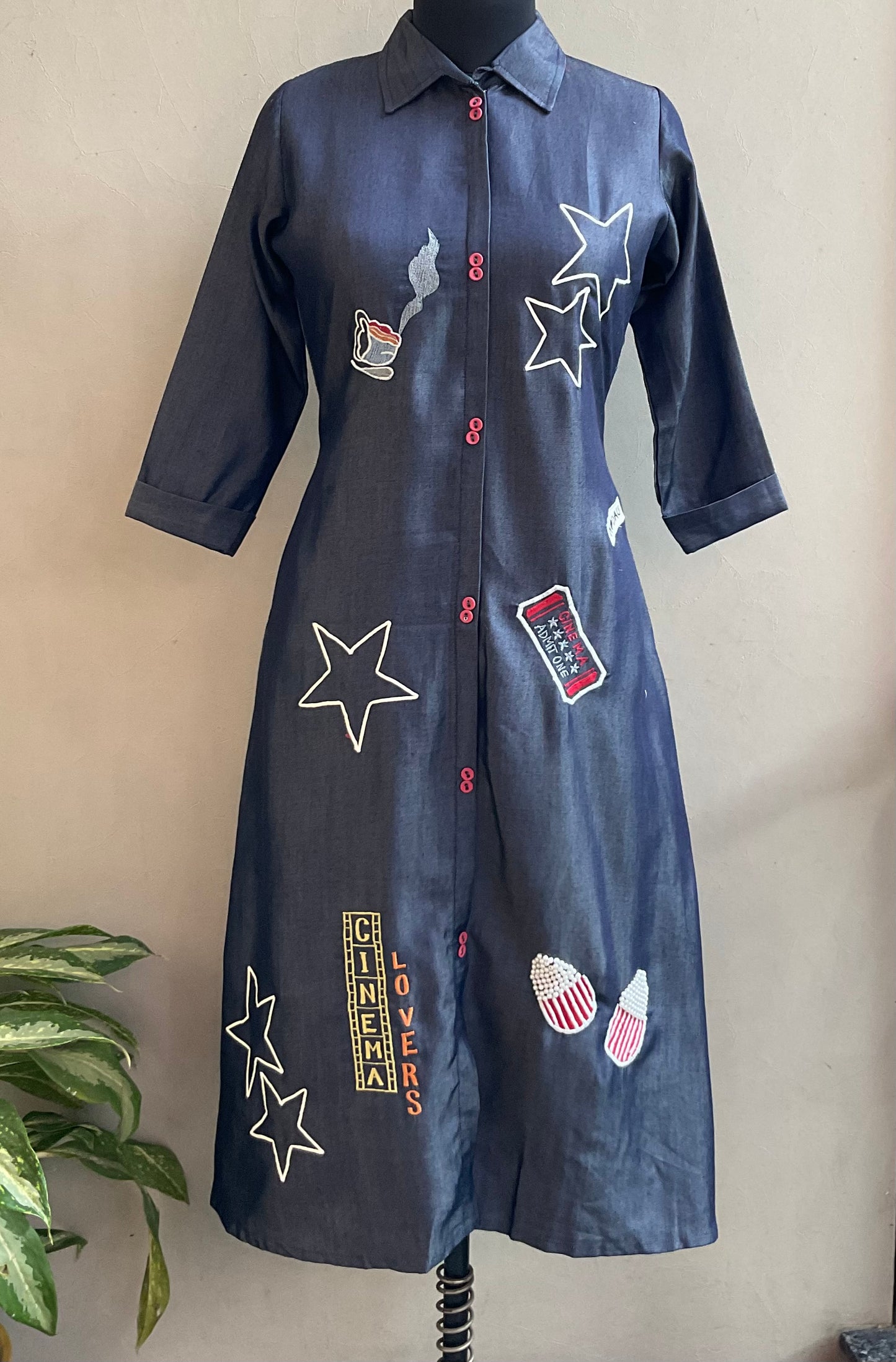 DENIM THREAD EMBROIDERED ALINE DRESS