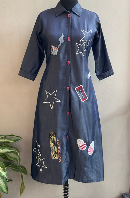 DENIM THREAD EMBROIDERED ALINE DRESS
