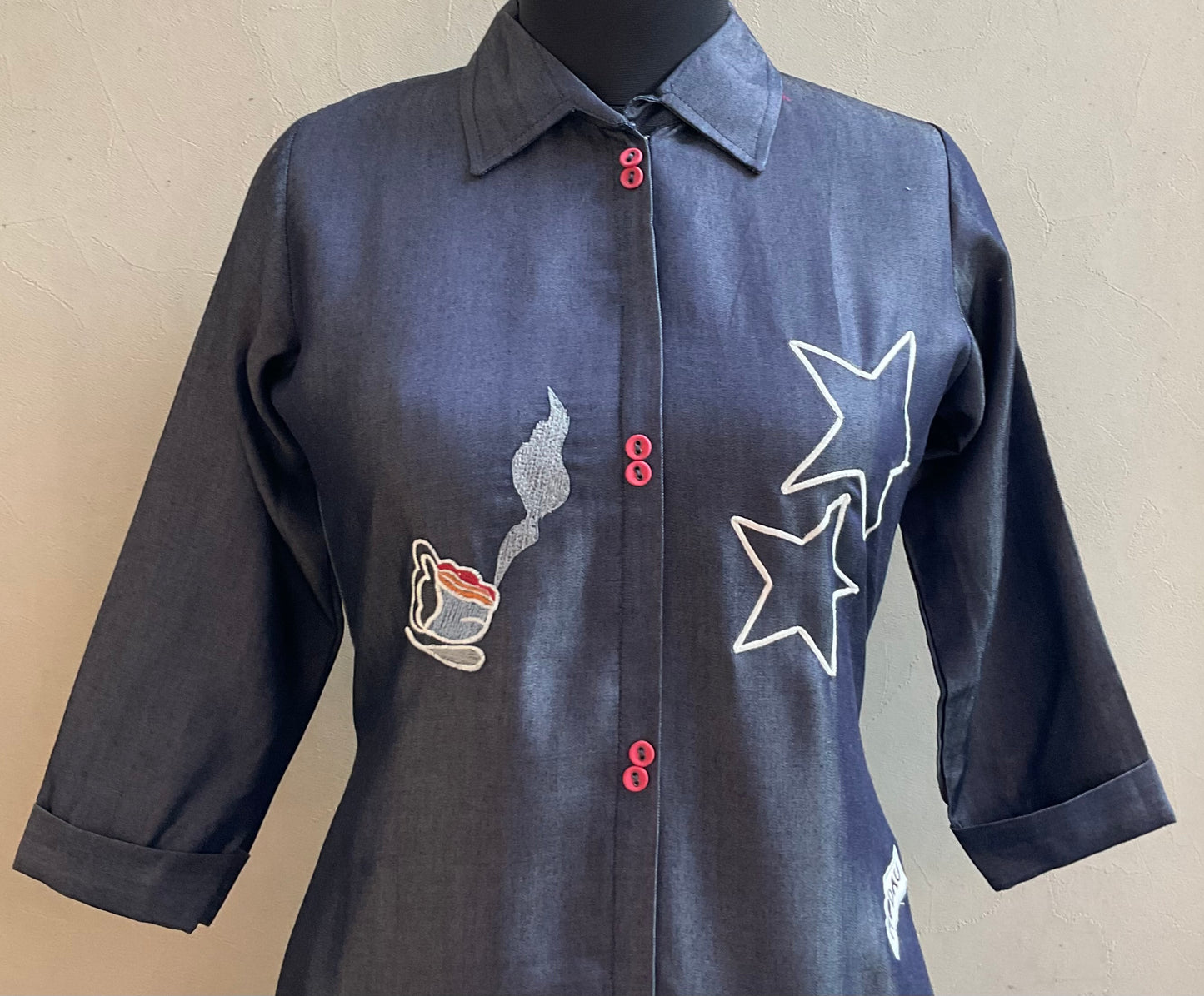 DENIM THREAD EMBROIDERED ALINE DRESS