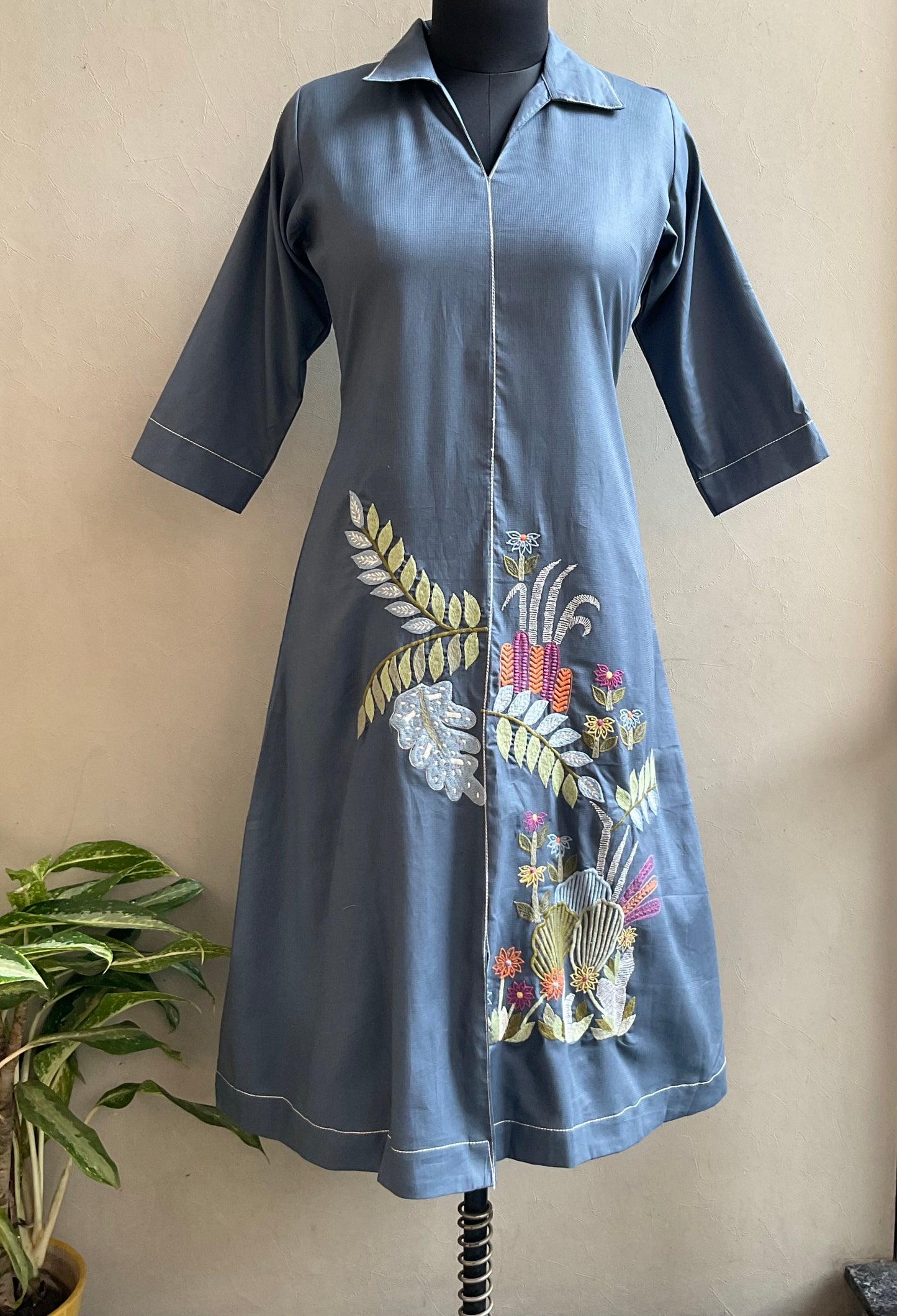 TEAL BLUE EMBROIDERED ALINE DRESS
