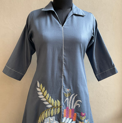 TEAL BLUE EMBROIDERED ALINE DRESS