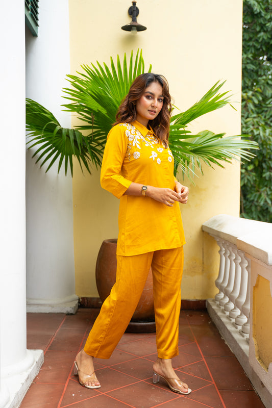 MUSTARD YELLOW THREAD EMBROIDERED COORD SET