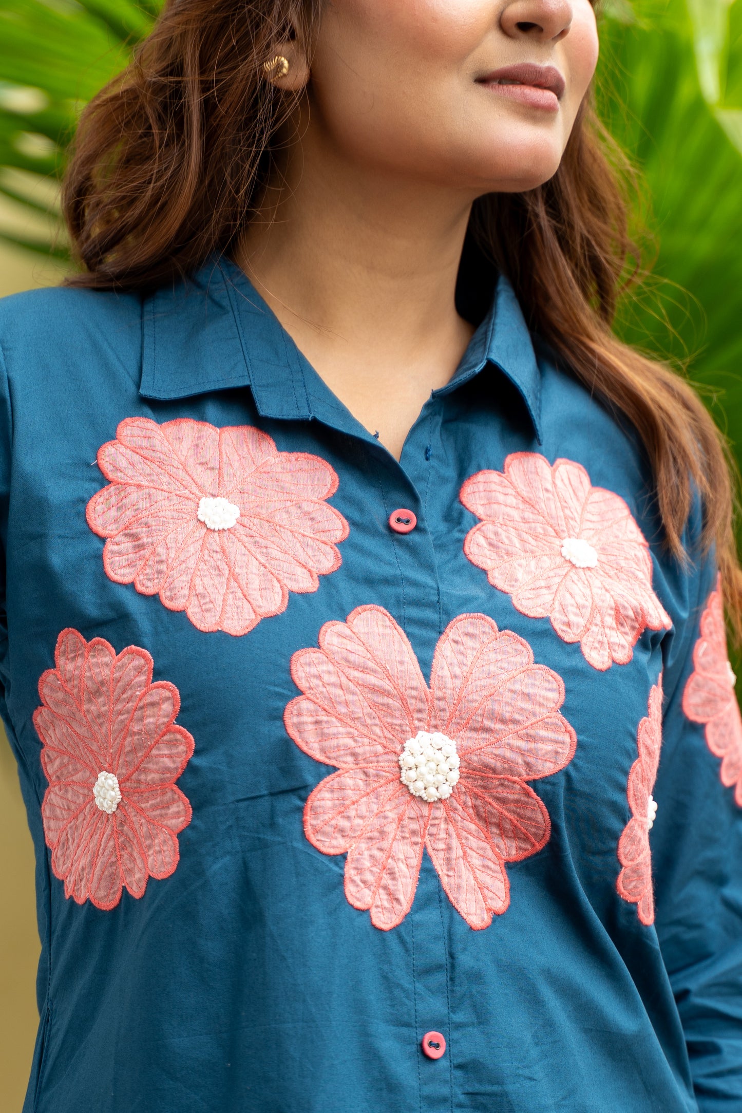 OCEAN BLUE FLORAL APPLIQUE ALINE DRESS