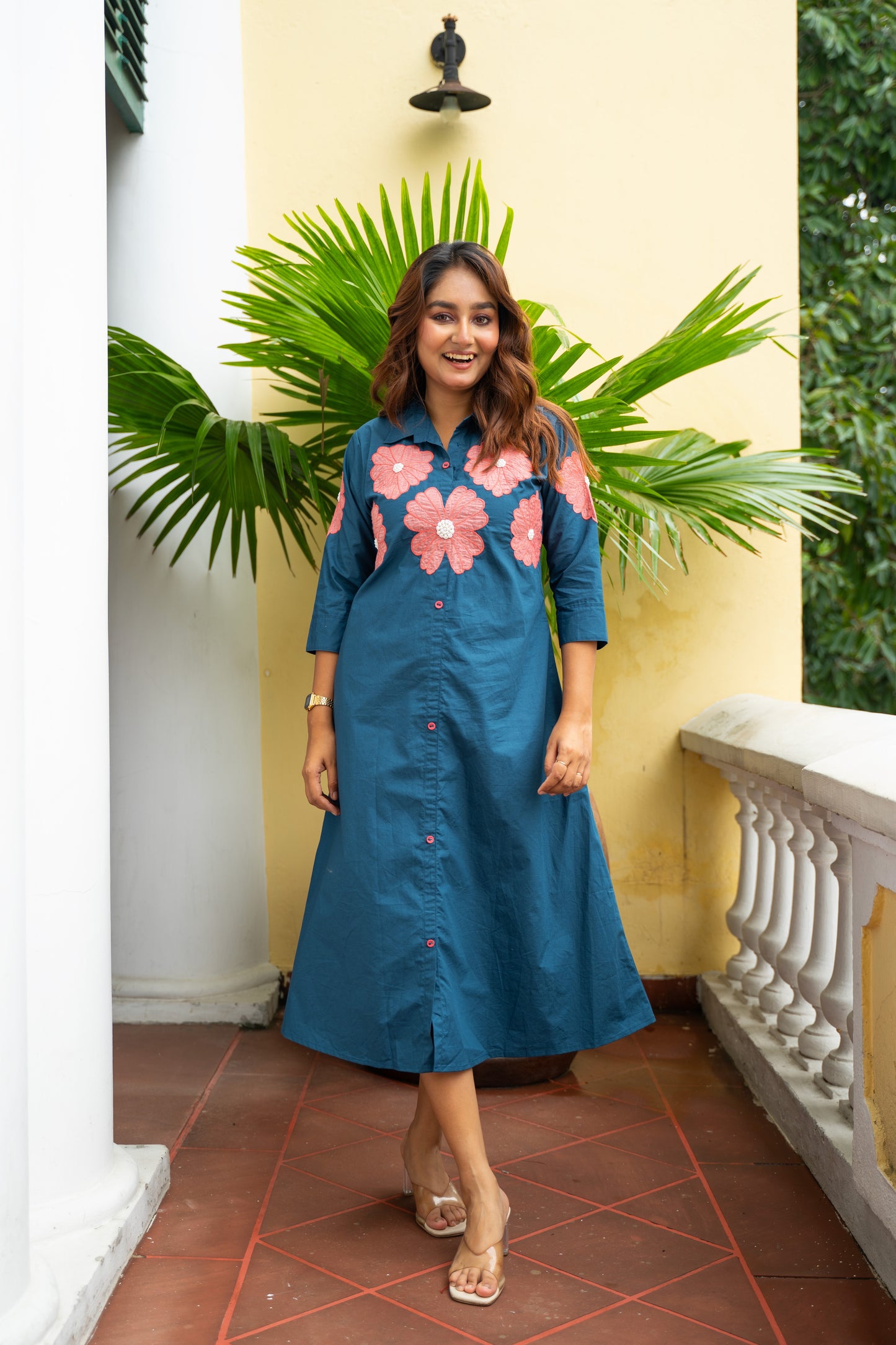 OCEAN BLUE FLORAL APPLIQUE ALINE DRESS