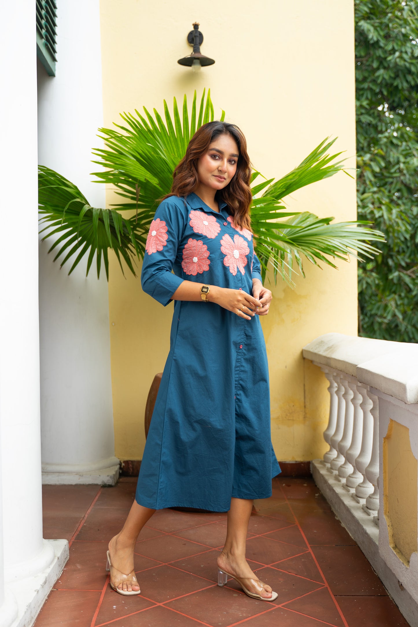 OCEAN BLUE FLORAL APPLIQUE ALINE DRESS