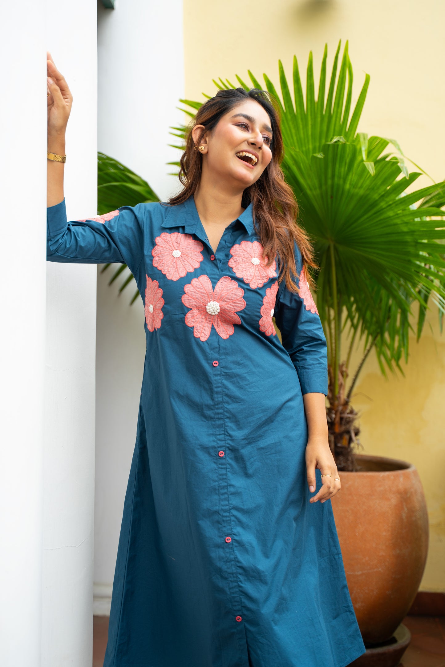 OCEAN BLUE FLORAL APPLIQUE ALINE DRESS