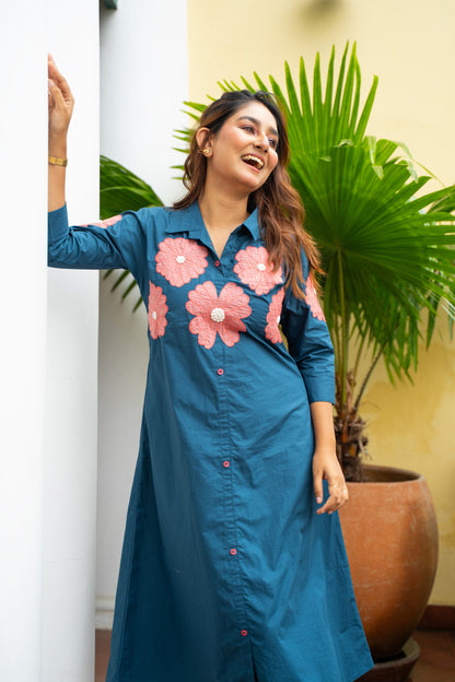 OCEAN BLUE FLORAL APPLIQUE ALINE DRESS