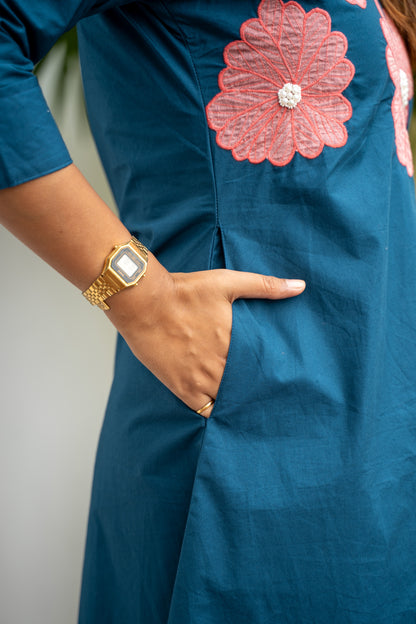 OCEAN BLUE FLORAL APPLIQUE ALINE DRESS