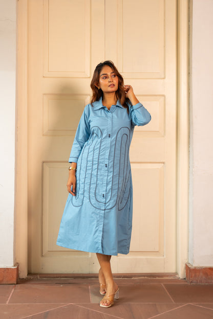 STEEL BLUE FRONT PIPIN ALINE DRESS