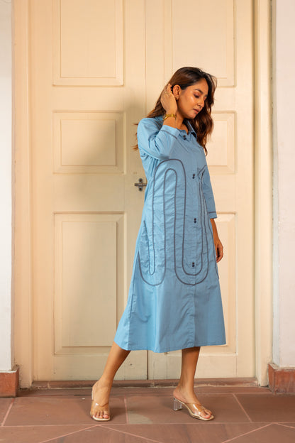 STEEL BLUE FRONT PIPIN ALINE DRESS