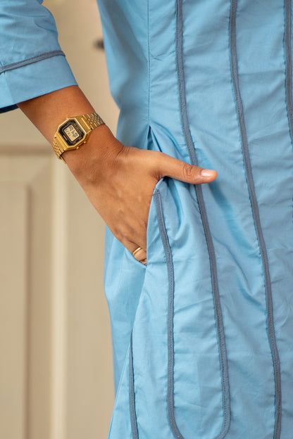 STEEL BLUE FRONT PIPIN ALINE DRESS