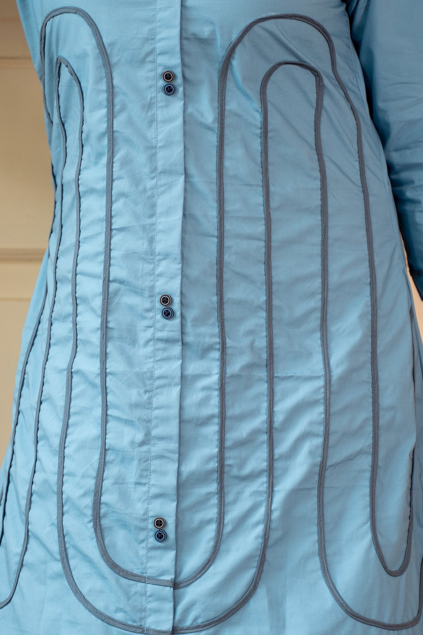 STEEL BLUE FRONT PIPIN ALINE DRESS