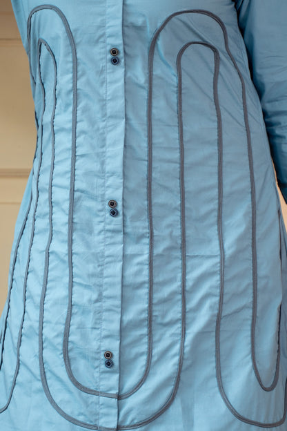 STEEL BLUE FRONT PIPIN ALINE DRESS