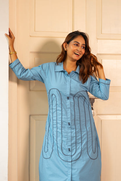 STEEL BLUE FRONT PIPIN ALINE DRESS