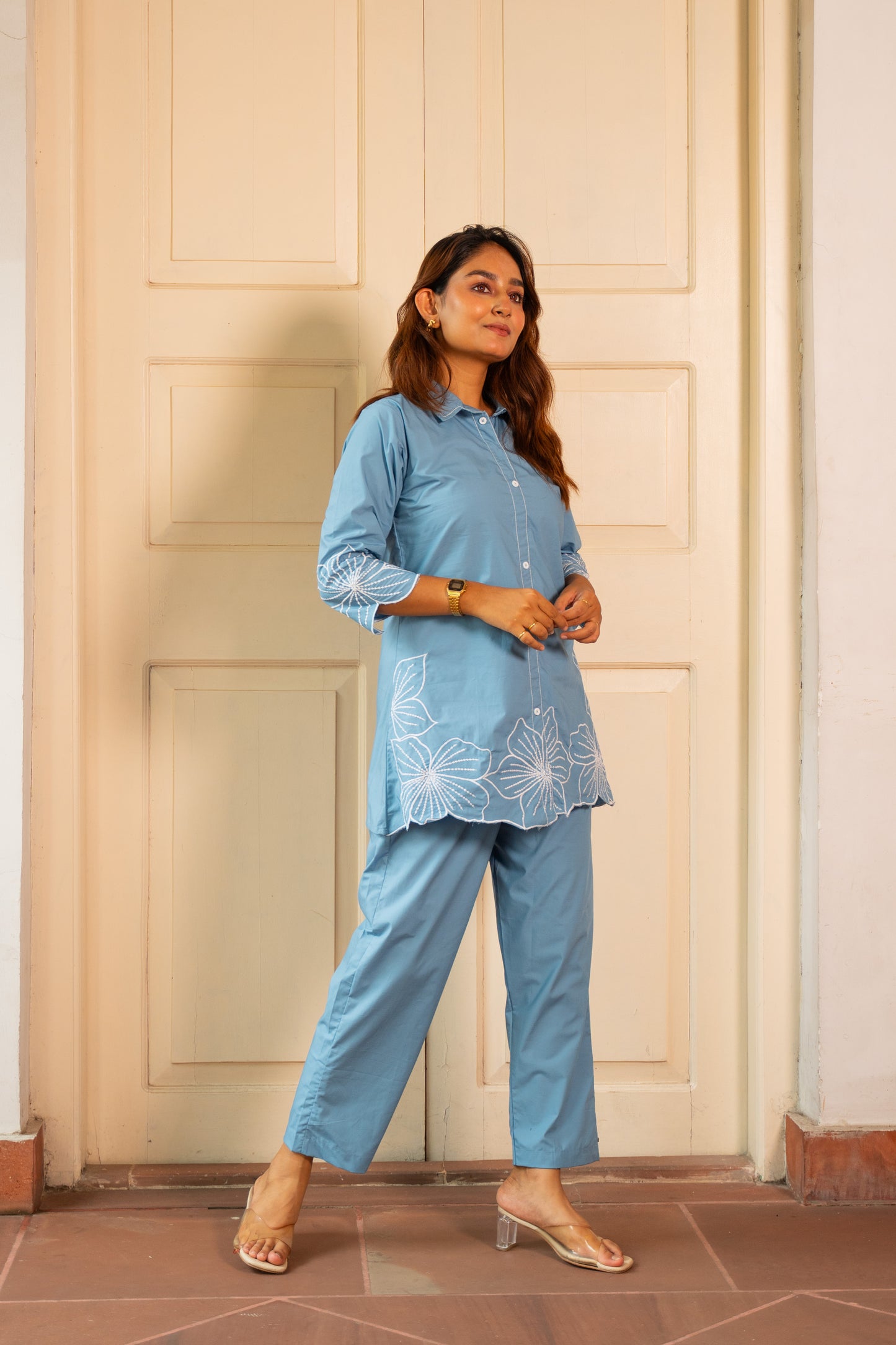 BABY BLUE THREAD EMBROIDERED COORD SET