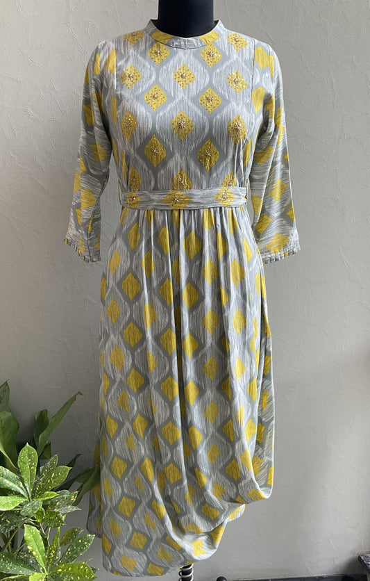GREY SEQUENCED COWL PATTERN ALINE DRESS