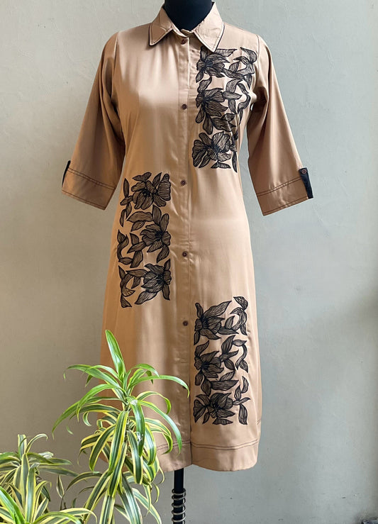 DARK BEIGE FLORAL THREAD EMBROIDERED ALINE DRESS