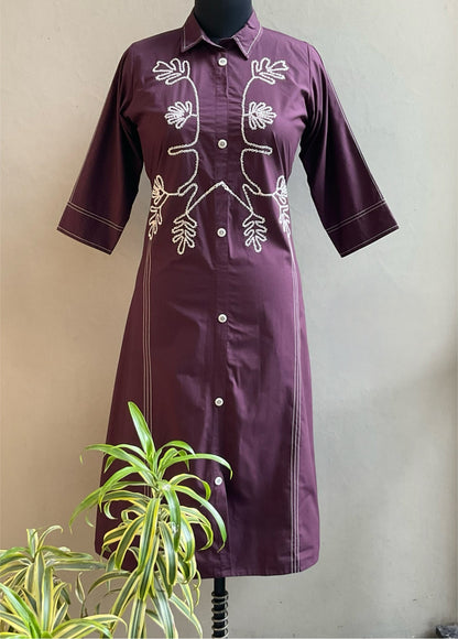 WINE THREAD EMBROIDERED ALINE DRESS
