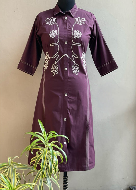 WINE THREAD EMBROIDERED ALINE DRESS