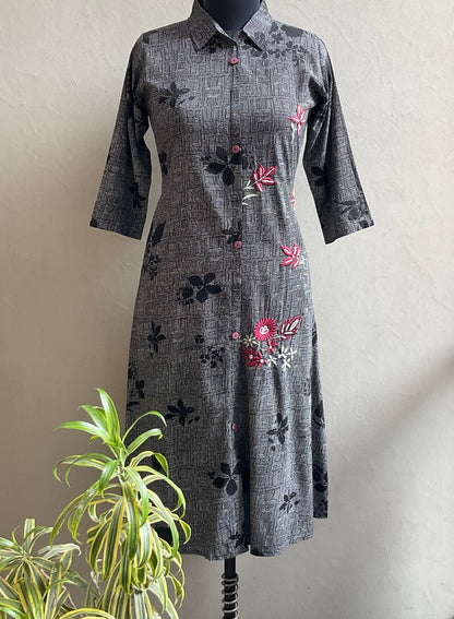 BLACK THREAD EMBROIDERED ALINE DRESS