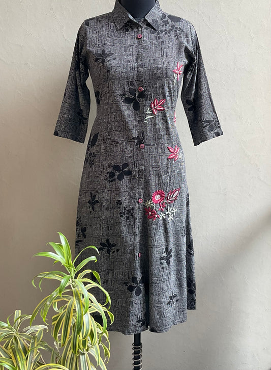 BLACK THREAD EMBROIDERED ALINE DRESS