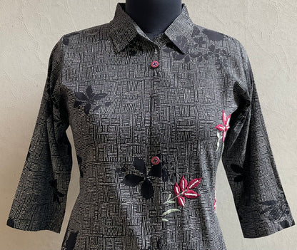 BLACK THREAD EMBROIDERED ALINE DRESS