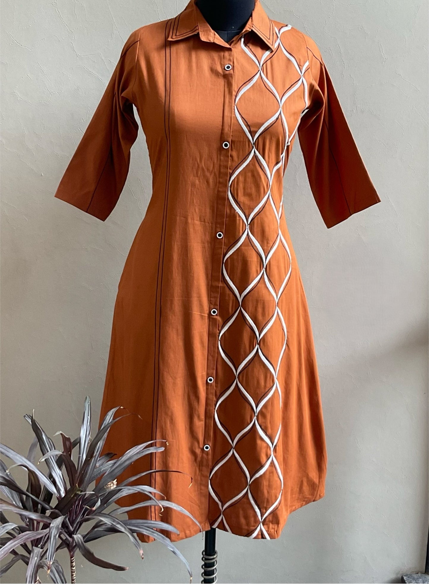 RUST ONE SIDED THREAD EMBROIDERED ALINE DRESS