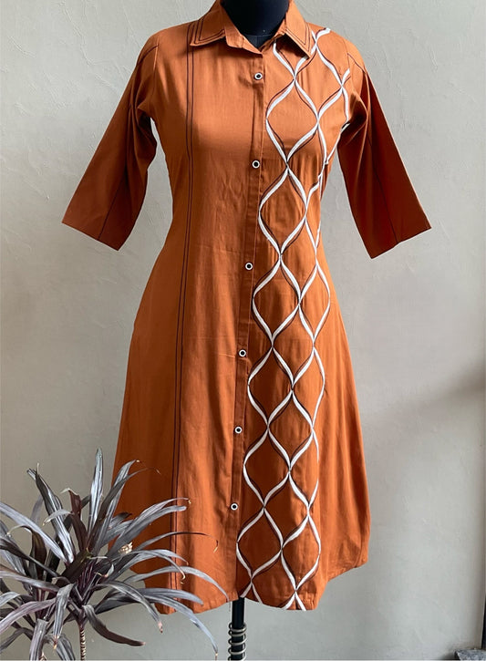 RUST ONE SIDED THREAD EMBROIDERED ALINE DRESS