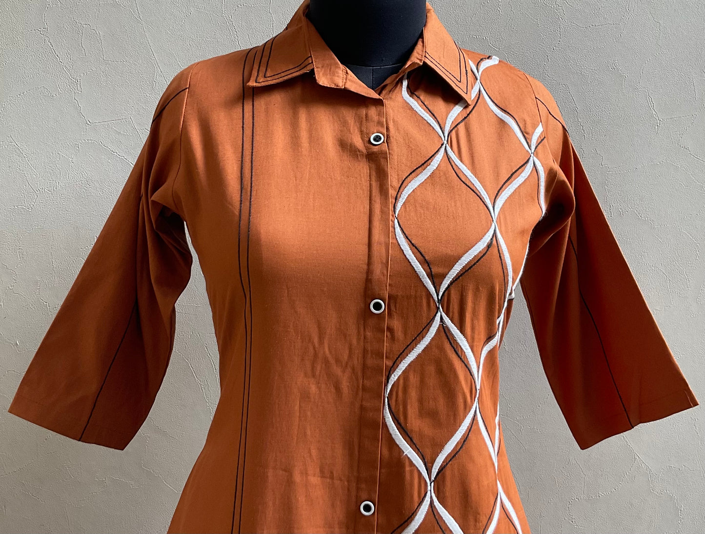 RUST ONE SIDED THREAD EMBROIDERED ALINE DRESS