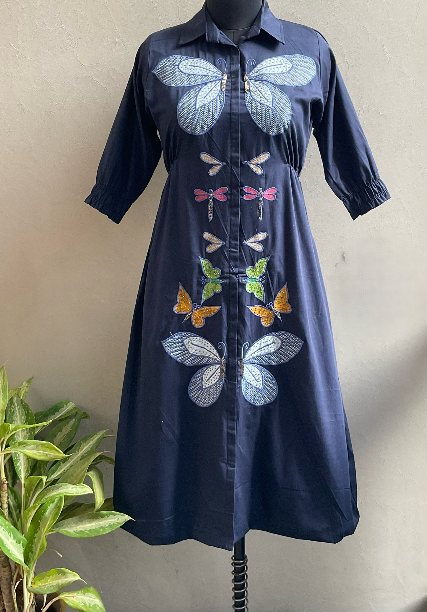 NAVY BLUE BUTTERFLY APPLIQUE ALINE DRESS