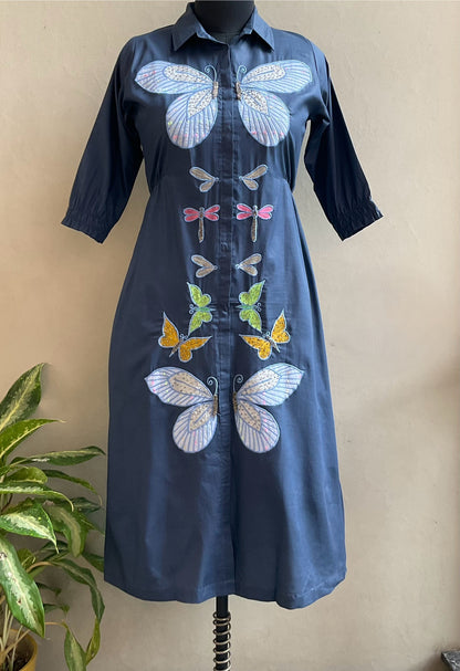 TEAL BLUE BUTTERFLY APPLIQUE ALINE DRESS