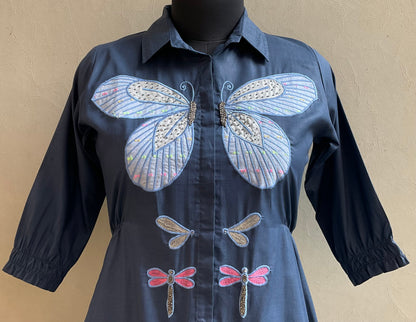 TEAL BLUE BUTTERFLY APPLIQUE ALINE DRESS