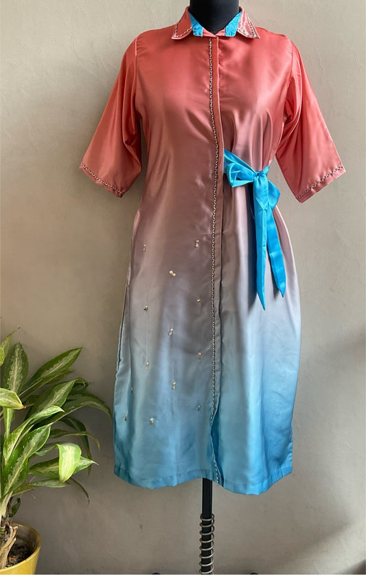 OMBRE SHADE CUTDANA EMBROIDERED ALINE DRESS