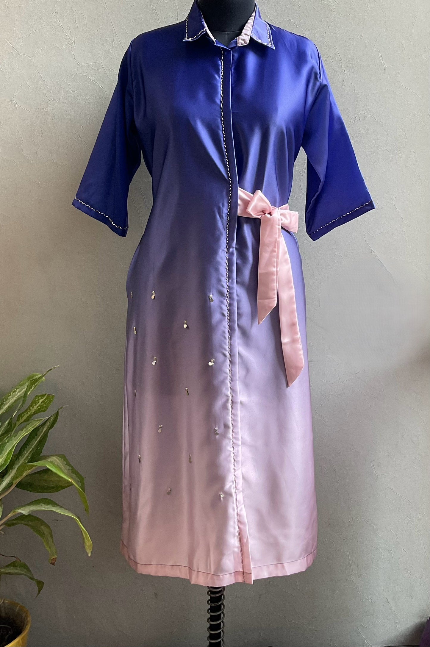 BLUE OMBRE SHADE CUTDANA EMBROIDERED ALINE DRESS