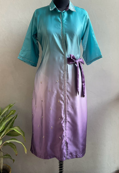 SEA BLUE OMBRE SHADE CUTDANA EMBROIDERED ALINE DRESS