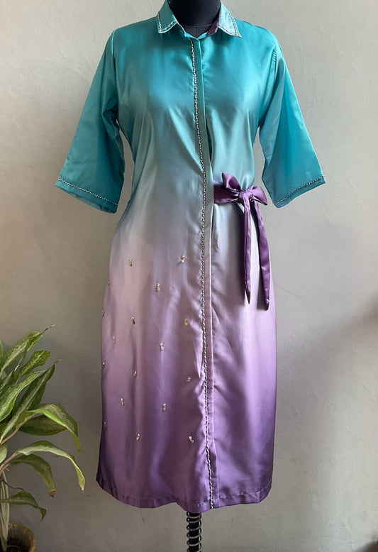 SEA BLUE OMBRE SHADE CUTDANA EMBROIDERED ALINE DRESS