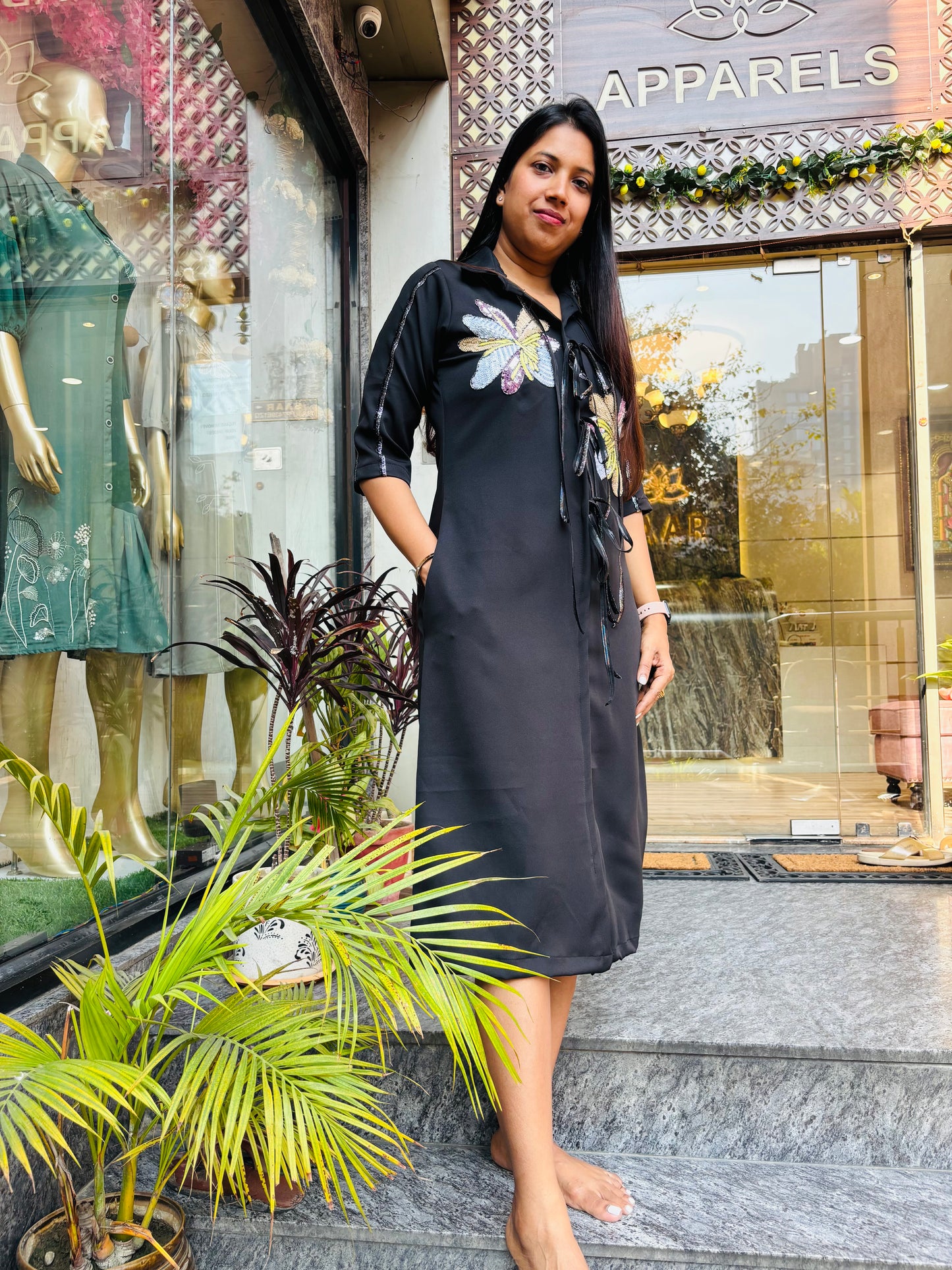 BLACK HEAVY EMBROIDERED ALINE DRESS