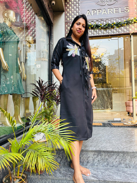 BLACK HEAVY EMBROIDERED ALINE DRESS